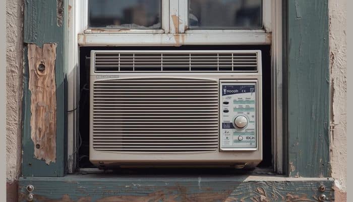 Window air conditioner installed in a worn wooden frame with visible gaps around the sides