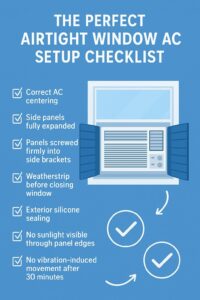 Visual guide listing installation steps for properly sealing side panels on a window air conditioner to prevent air leaks