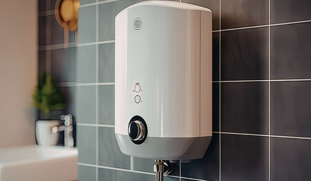 Modern electric hot water heater unit on bathroom wall with temperature control dial