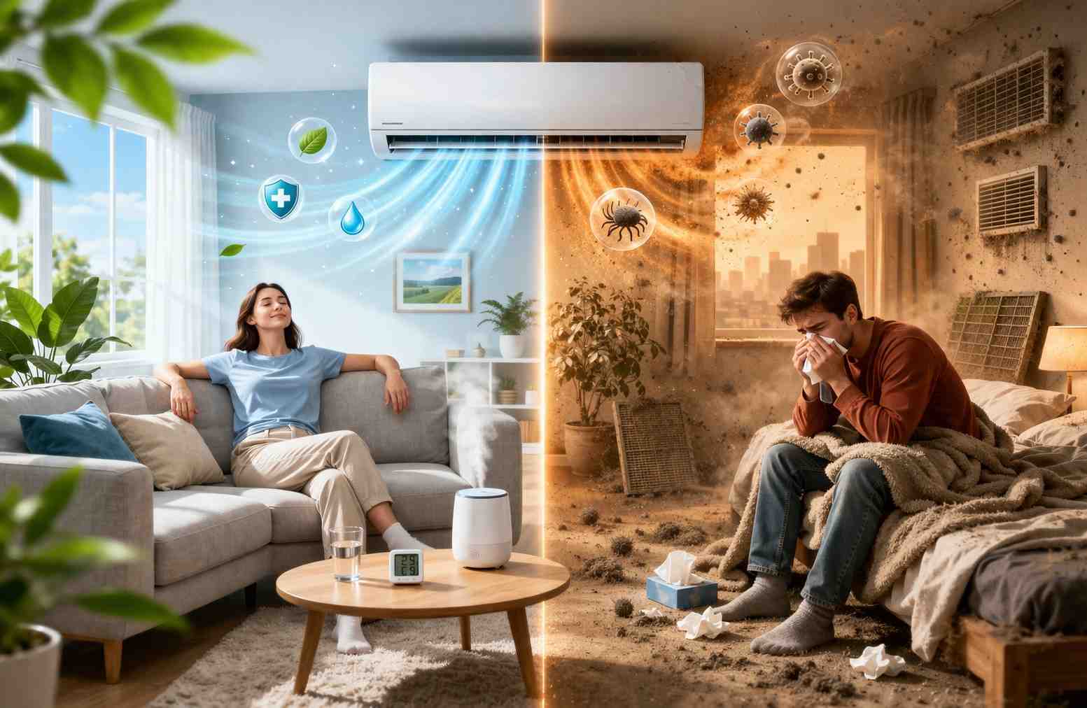 Is Air Conditioning Safe for Health Visual representation of air conditioning benefits and side effects in a modern home setting