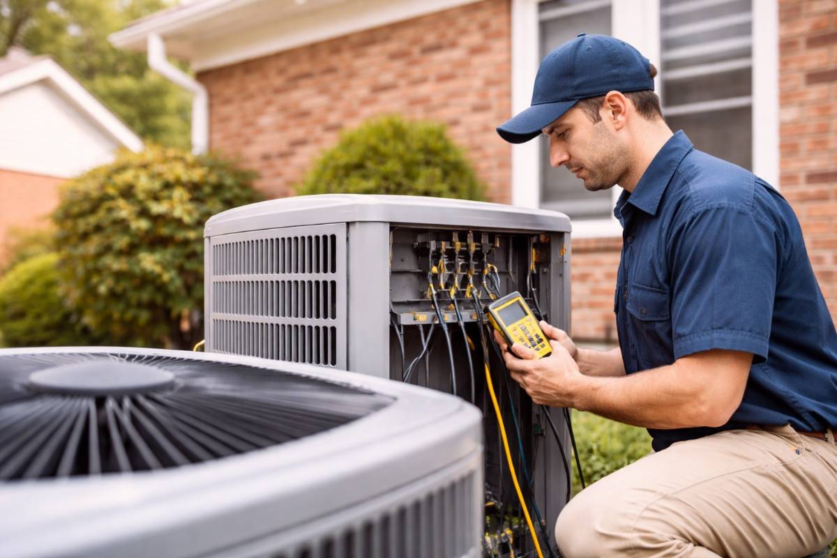 Why Is My HVAC System Making Noise – Maryland Repair Guide HVAC technician inspecting outdoor air conditioning unit for repair