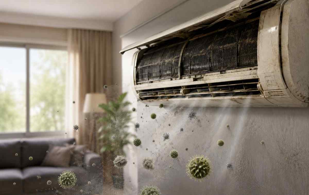 Can an Old AC Unit Cause Poor Indoor Air Quality Old air conditioner releasing dust and airborne contaminants inside a residential living room