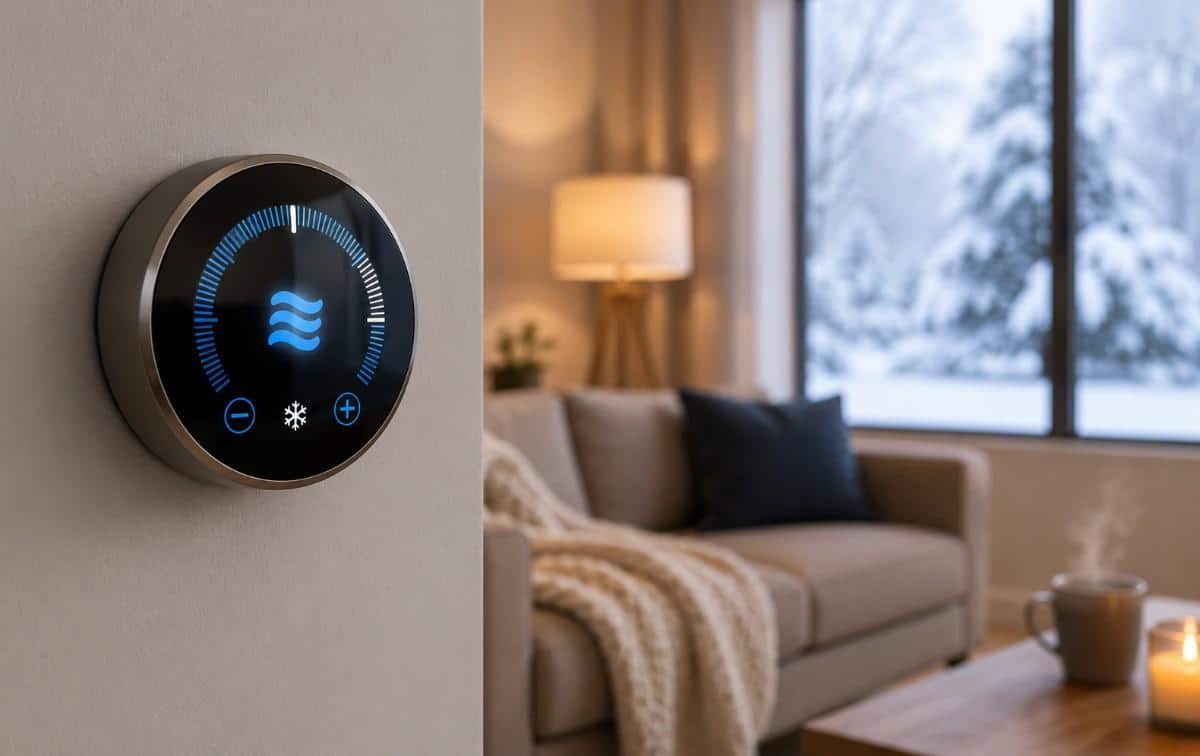 Best Thermostat Settings for Heat Pumps During Winter Modern smart thermostat on a wall inside a cozy home during the winter season