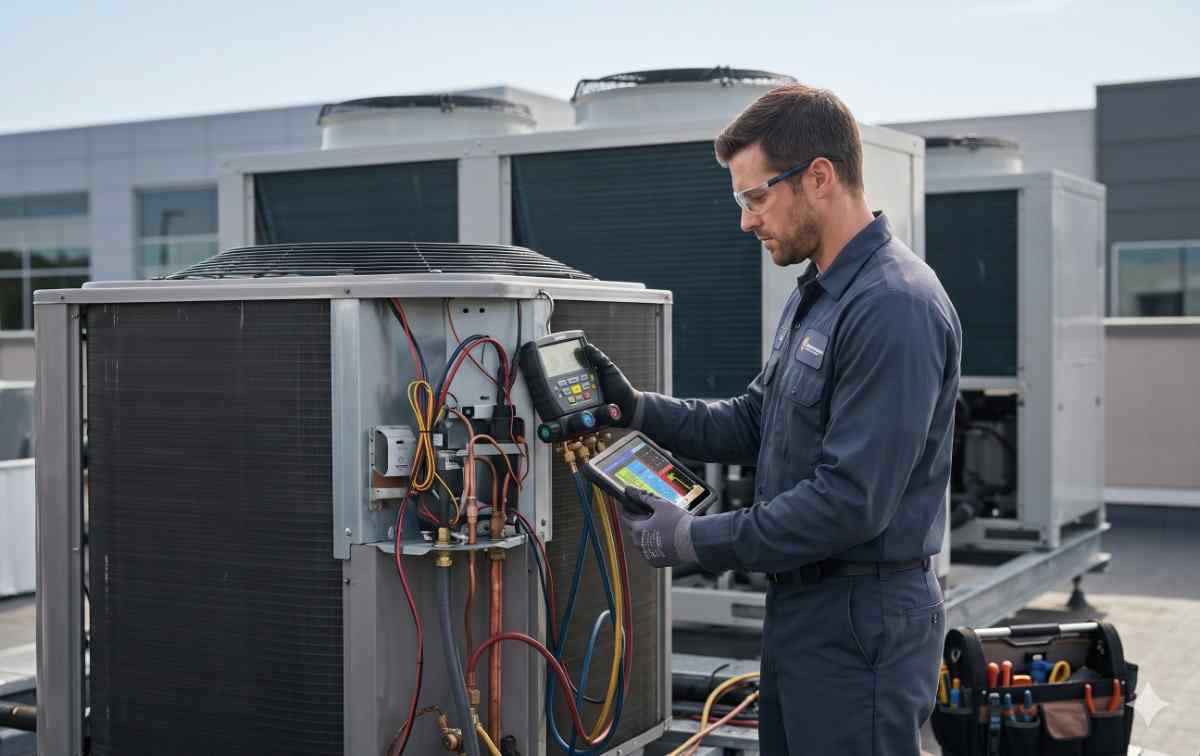 Highest-Paid HVAC Technician Commercial HVAC technician using digital diagnostic gauges and a diagnostic tablet to service a rooftop industrial AC unit.